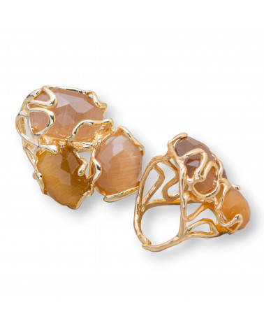 Anello Regolabile in Bronzo Dorato Collezione AURORA con Occhio Di Gatto Sabbia MOD79 | Gioiello Artigianale Donna 32x36mm-ANELLI BIJOUX DONNA AURORA BEST SELLER | Worldofjewel.com