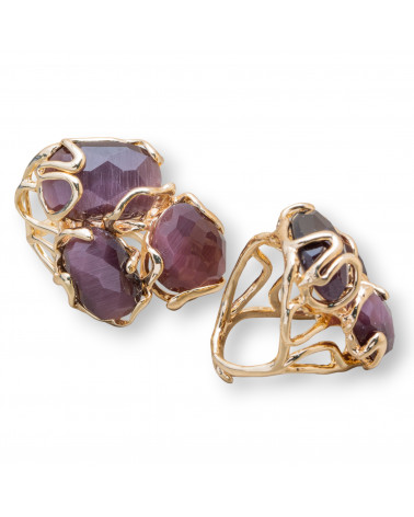 Anello Regolabile in Bronzo Dorato Collezione AURORA con Occhio Di Gatto Viola MOD72 | Gioiello Artigianale Donna 32x36mm-ANELLI BIJOUX DONNA AURORA BEST SELLER | Worldofjewel.com