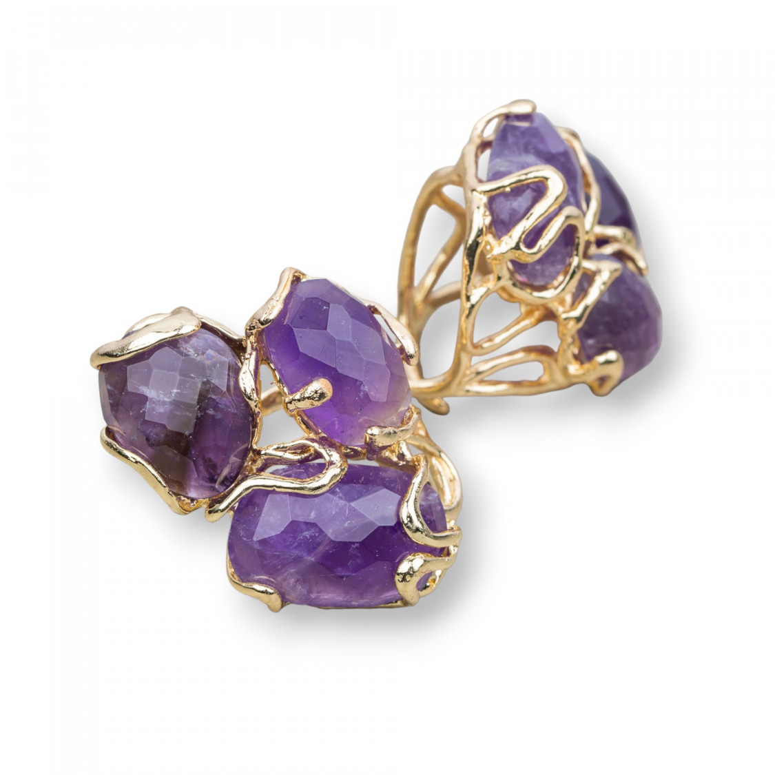 Anello Regolabile in Bronzo Dorato Collezione AURORA con Pietre Dure Ametista MOD124 | Gioiello Artigianale Donna 32x36mm-ANELLI BIJOUX DONNA AURORA BEST SELLER | Worldofjewel.com