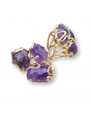 Anello Regolabile in Bronzo Dorato Collezione AURORA con Pietre Dure Ametista MOD124 | Gioiello Artigianale Donna 32x36mm-ANELLI BIJOUX DONNA AURORA BEST SELLER | Worldofjewel.com