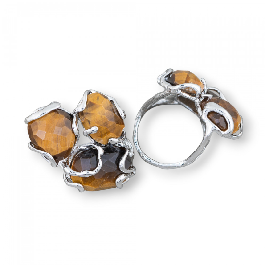 Anello Regolabile in Bronzo Rodiato Collezione AURORA con Pietre Dure Occhio Di Tigre Giallo | Gioiello Artigianale Donna 32x36-ANELLI BIJOUX DONNA AURORA BEST SELLER | Worldofjewel.com