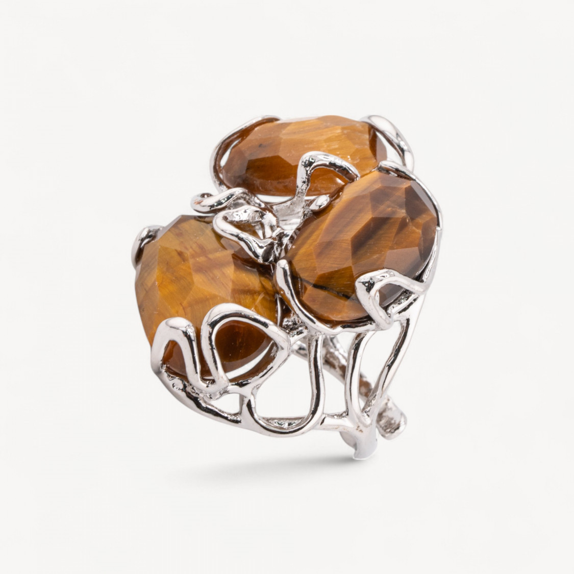 Anillo ajustable de bronce rodiado de la colección Aurora con piedras preciosas de ojo de tigre amarillo | Joyería artesanal par-LOS ANILLOS DE JOYERÍA MÁS VENDIDOS PARA MUJER DE AURORA | Worldofjewel.com