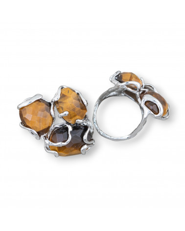 Anello Regolabile in Bronzo Rodiato Collezione AURORA con Pietre Dure Occhio Di Tigre Giallo | Gioiello Artigianale Donna 32x36-ANELLI BIJOUX DONNA AURORA BEST SELLER | Worldofjewel.com