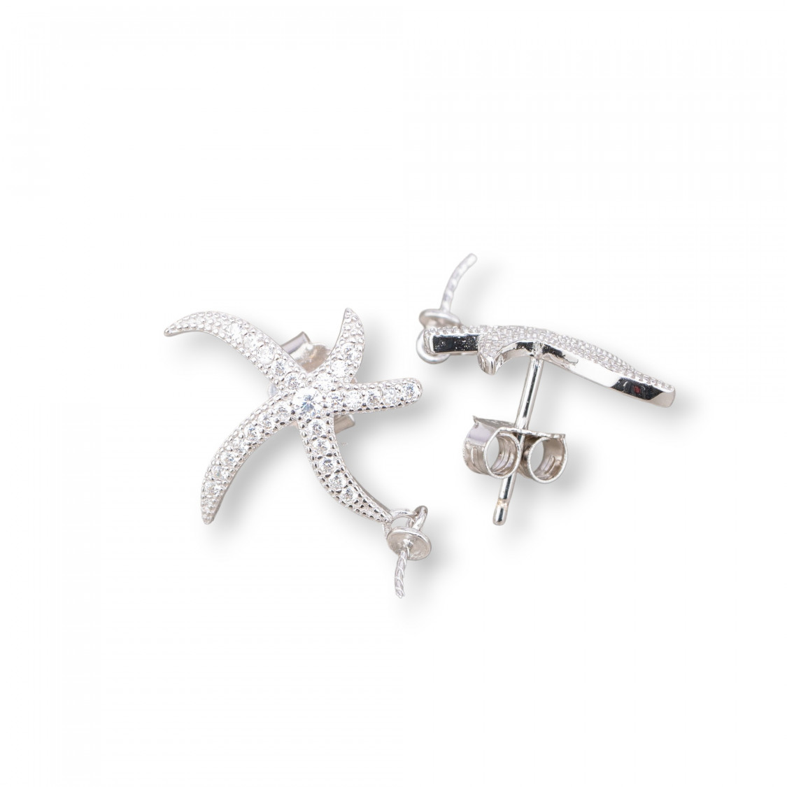Base Per Orecchini Di Argento 925 Perno Stella Marina Con Zirconi 18mm 2 Paia Rodiato Completo Di Farfalline-BASES PARA PENDIENTES DE PLATA 925 | Worldofjewel.com