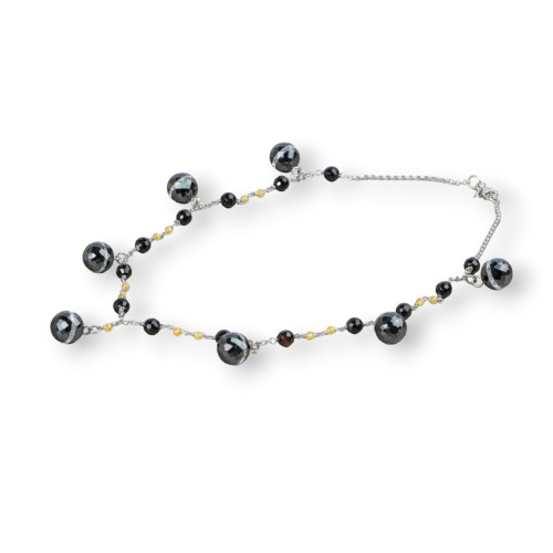 925 Silver Necklace with Rhodium-Plated Onyx Chain with Yellow Zircons and Black Zircon Sphere Pendants 46cm