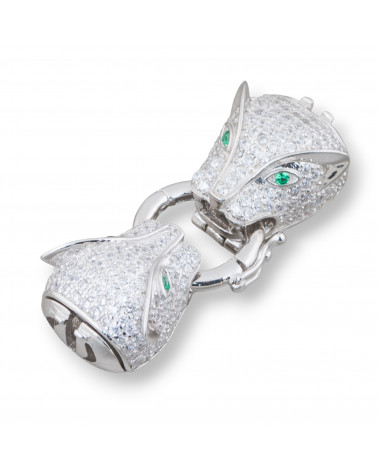 Chiusura Di Argento 925 Con Zirconi Testa Pantera Doppio Con Anello Centrale 13x39mm 1pz Rodiato Verde-Fermoir en argent 925 à faire soi-même | Worldofjewel.com