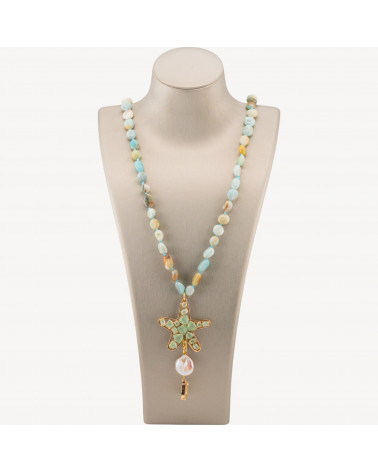 Collana Bijoux Charlestone Di Pietre Dure Sasso Burattato 8x10mm Con Stella Marina 90cm Occhio Di Gatto E Perle Di Fiume Amazzo-HALSKETTE AUS HARTEN STEINEN | Worldofjewel.com