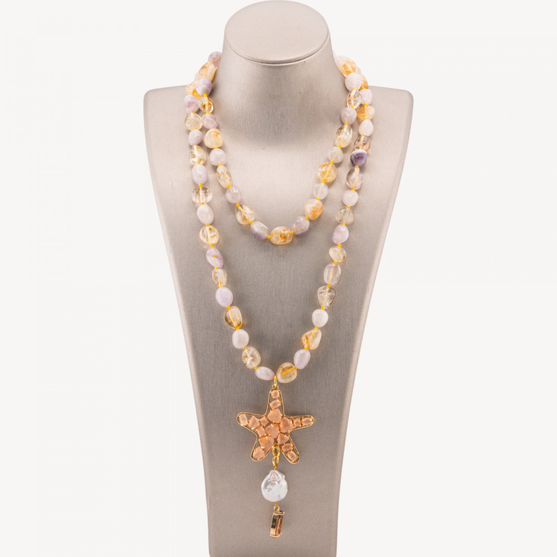 Collar de bisutería Charlestone con piedras pulidas de 8 x 10 mm, estrellas de mar ojo de gato de 90 cm y perlas de río amatista-COLLAR PIEDRAS DURAS | Worldofjewel.com