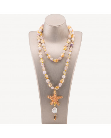 Collana Bijoux Charlestone Di Pietre Dure Sasso Burattato 8x10mm Con Stella Marina 90cm Occhio Di Gatto E Perle Di Fiume Ametis-COLLIER PIERRES DURES | Worldofjewel.com