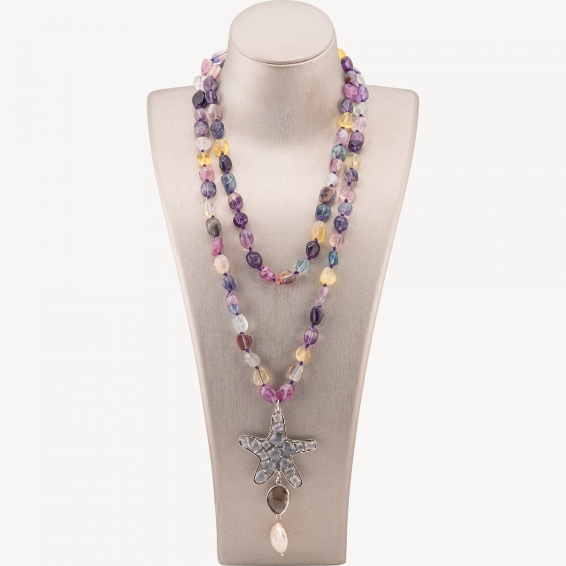Collana Bijoux Charlestone Di Pietre Dure Sasso Burattato 8x10mm Con Stella Marina 90cm Occhio Di Gatto E Perle Di Fiume Fluori-COLLIER PIERRES DURES | Worldofjewel.com