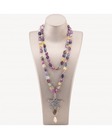 Collana Bijoux Charlestone Di Pietre Dure Sasso Burattato 8x10mm Con Stella Marina 90cm Occhio Di Gatto E Perle Di Fiume Fluori-COLLIER PIERRES DURES | Worldofjewel.com