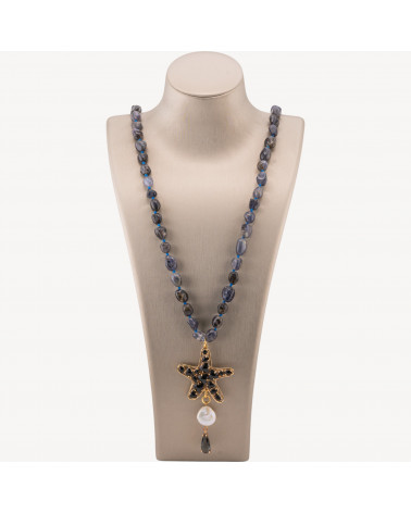 Collana Bijoux Charlestone Di Pietre Dure Sasso Burattato 8x10mm Con Stella Marina 90cm Occhio Di Gatto E Perle Di Fiume Iolite-COLLIER PIERRES DURES | Worldofjewel.com