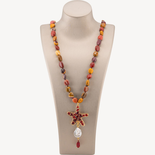 Collier Charlestone en pierre roulée 8x10mm avec étoile de mer œil-de-chat de 90cm et perles de rivière Mokait