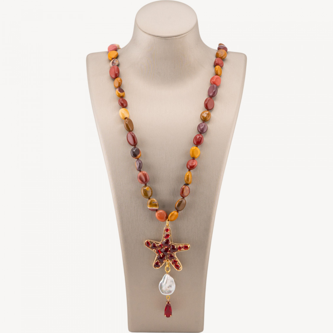 Collana Bijoux Charlestone Di Pietre Dure Sasso Burattato 8x10mm Con Stella Marina 90cm Occhio Di Gatto E Perle Di Fiume Mokait-COLLIER PIERRES DURES | Worldofjewel.com
