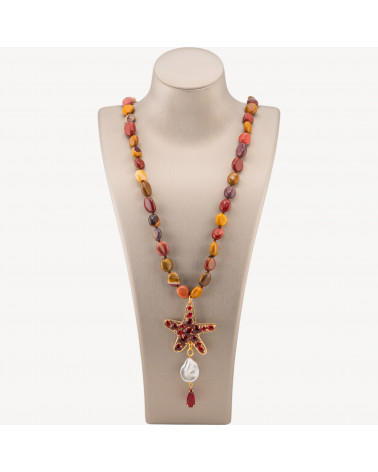 Collana Bijoux Charlestone Di Pietre Dure Sasso Burattato 8x10mm Con Stella Marina 90cm Occhio Di Gatto E Perle Di Fiume Mokait-COLLIER PIERRES DURES | Worldofjewel.com