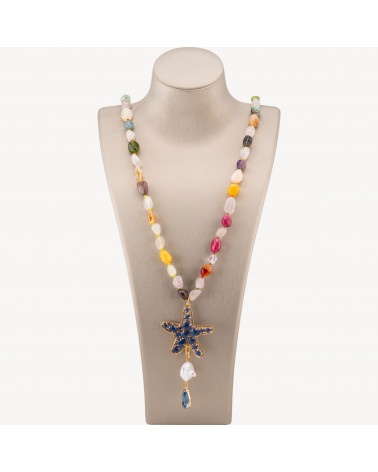 Collana Bijoux Charlestone Di Pietre Dure Sasso Burattato 8x10mm Con Stella Marina 90cm Occhio Di Gatto E Perle Di Fiume Quarzi-COLLIER PIERRES DURES | Worldofjewel.com