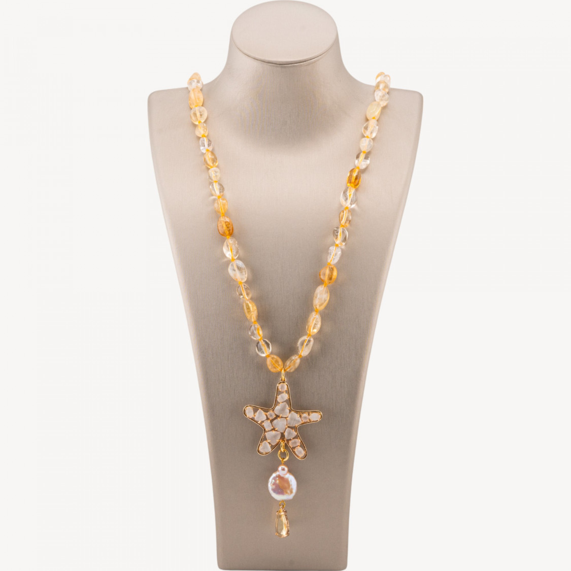 Collana Bijoux Charlestone Di Pietre Dure Sasso Burattato 8x10mm Con Stella Marina 90cm Occhio Di Gatto E Perle Di Fiume Quarzo-COLLIER PIERRES DURES | Worldofjewel.com