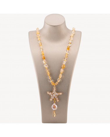 Collana Bijoux Charlestone Di Pietre Dure Sasso Burattato 8x10mm Con Stella Marina 90cm Occhio Di Gatto E Perle Di Fiume Quarzo-COLLIER PIERRES DURES | Worldofjewel.com