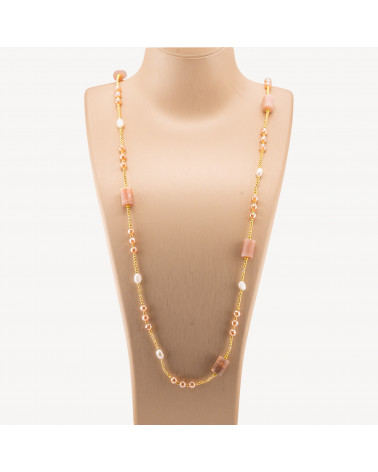 Collana Bijoux Con Perle Di Fiume, Ematite, Pietre Dure Annodate 90cm Pietra Del Sole Rosa-CONCEPTION ITALIE | Worldofjewel.com