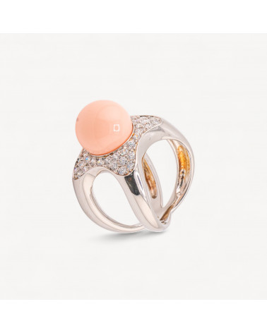 Anello Gioiello In Argento 925 Con Zirconi Bianchi e Perla di Maiorca Rosa MOD.2742 18,4x23mm-RINGE AUS 925 SILBER | Worldofjewel.com