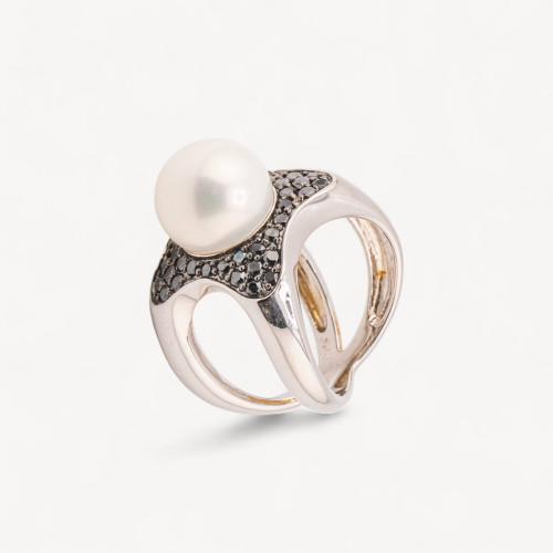 925 Silver Jewel Ring with Black Zirconia and White Mallorca Pearl MOD.2742 18.4x23mm