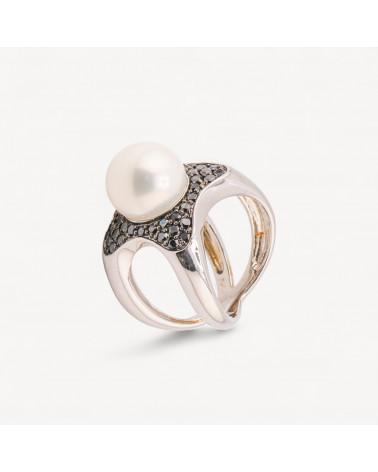 Anello Gioiello In Argento 925 Con Zirconi Neri e Perla di Maiorca Bianca MOD.2742 18,4x23mm-RINGE AUS 925 SILBER | Worldofjewel.com