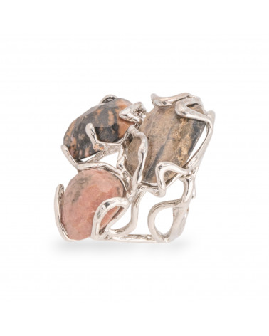 Anello Regolabile in Bronzo Rodiato Collezione AURORA con Pietre Dure Rodonite| Gioiello Artigianale Donna 32x36mm-ANELLI BIJOUX DONNA AURORA BEST SELLER | Worldofjewel.com