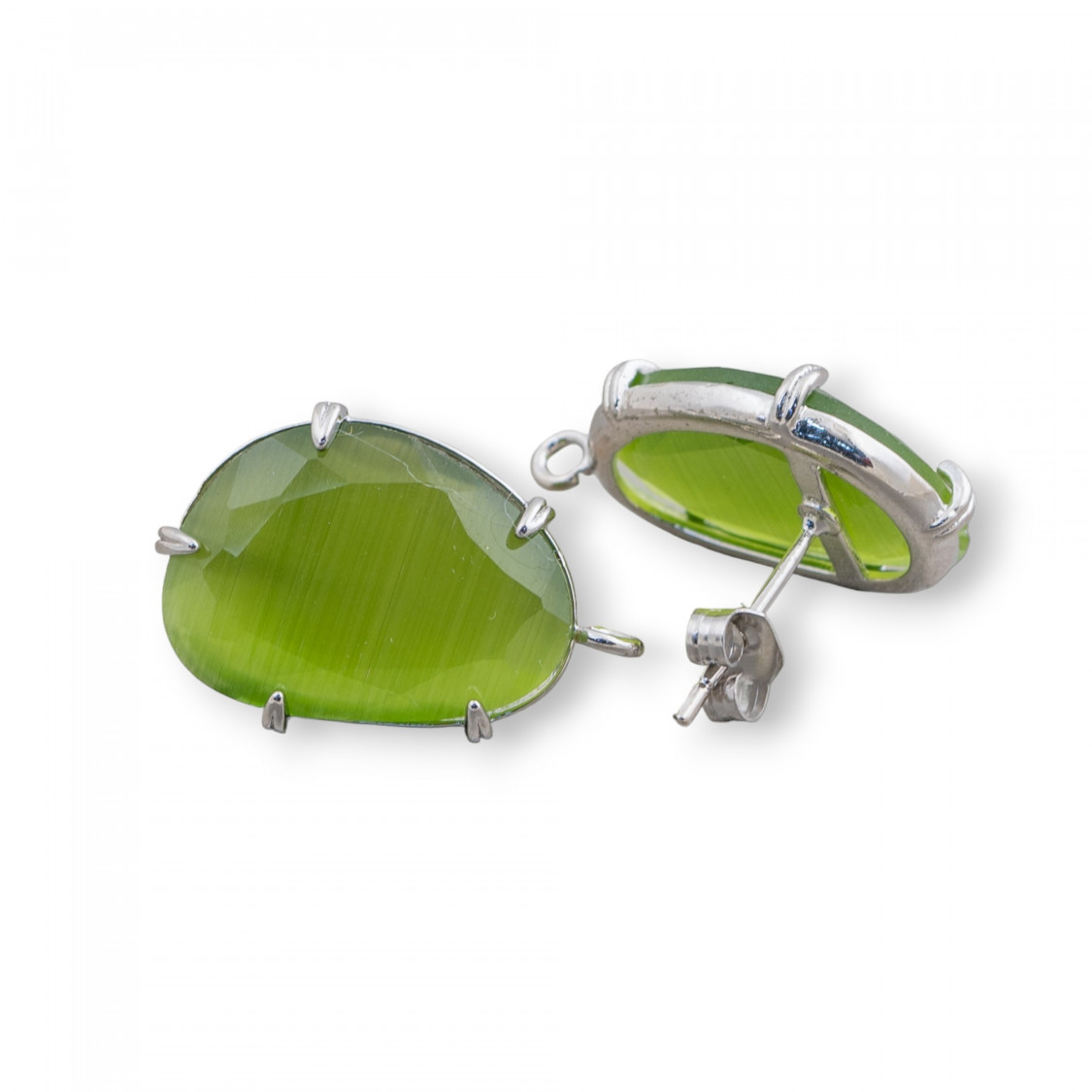 Base Per Orecchini Di Ottone A Perno Con Occhio Di Gatto Sfaccettato 14,5x18mm 6 Paia Rodiato Verde Bosco-BASI PER ORECCHINI CON PIETRE E PERLINE | Worldofjewel.com