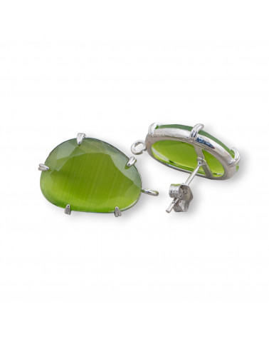 Boucles d'Oreilles Tige Laiton Base Oeil de Chat Facetté 14.5x18mm 6 Paires Rhodié Vert Forêt-BASES DE BOUCLES D'OREILLES AVEC PIERRES ET PERLES | Worldofjewel.com