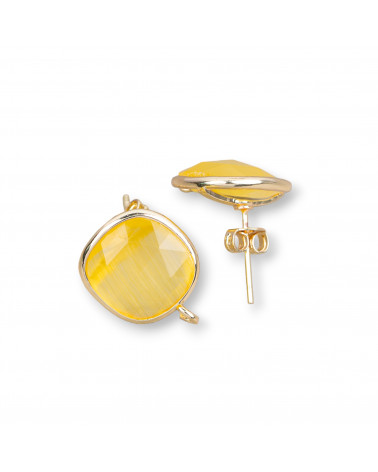 Base Per Orecchini Di Ottone A Perno Con Occhio Di Gatto Sfaccettato Quadrato 13mm 5 Paia Giallo-BASES DE BOUCLES D'OREILLES AVEC PIERRES ET PERLES | Worldofjewel.com