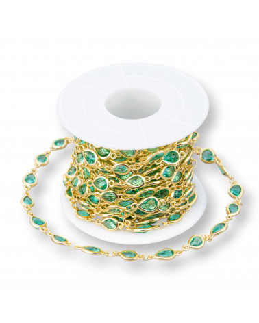 Catena Rosario Di Ottone Con Occhio Di Gatto Cabochon Goccia 6,5x8,5mm 1 Metro Dorato Verde Acqua-CATENE A METRAGGIO | Worldofjewel.com