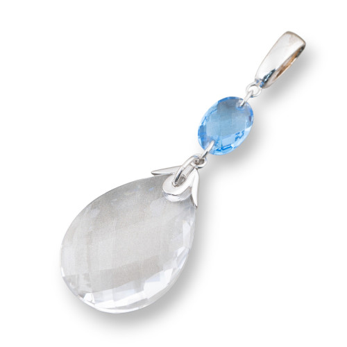 Colgante de Plata 925 con Circonitas Azul Índigo y Cristal Facetado 36x25mm 1Pc