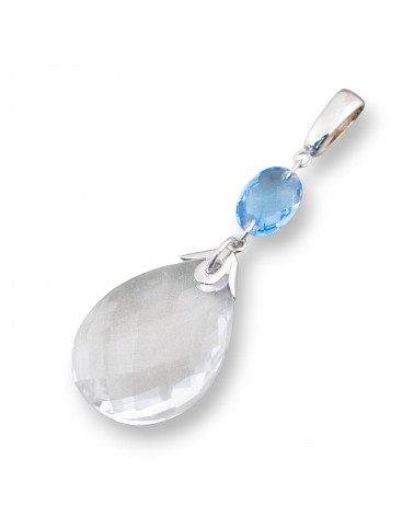Ciondolo Pendente Di Argento 925 Con Zirconi Blu Indaco E Cristallo Goccia Sfaccettata 36x25mm 1Pz-ARGENT 925 DESIGN ITALIE | Worldofjewel.com