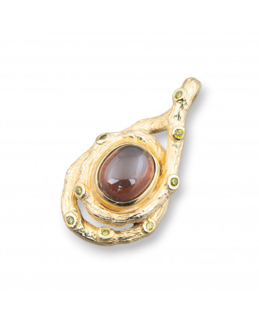 Ciondolo Pendente Di Argento 925 Con Zirconi E Cabochon Di Pietre Idrotermale Dorato 18x34mm-ARGENT 925 DESIGN ITALIE | Worldofjewel.com