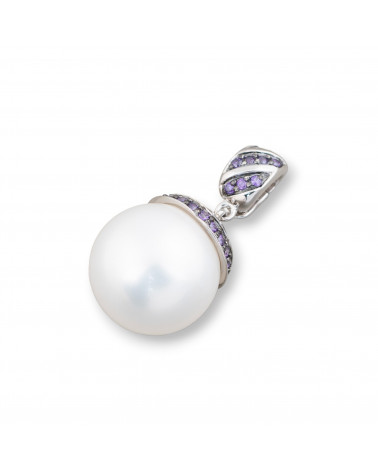 Ciondolo Pendente Di Argento 925 Con Zirconi e Perle Di Maiorca 16x32mm-ARGENT 925 DESIGN ITALIE | Worldofjewel.com