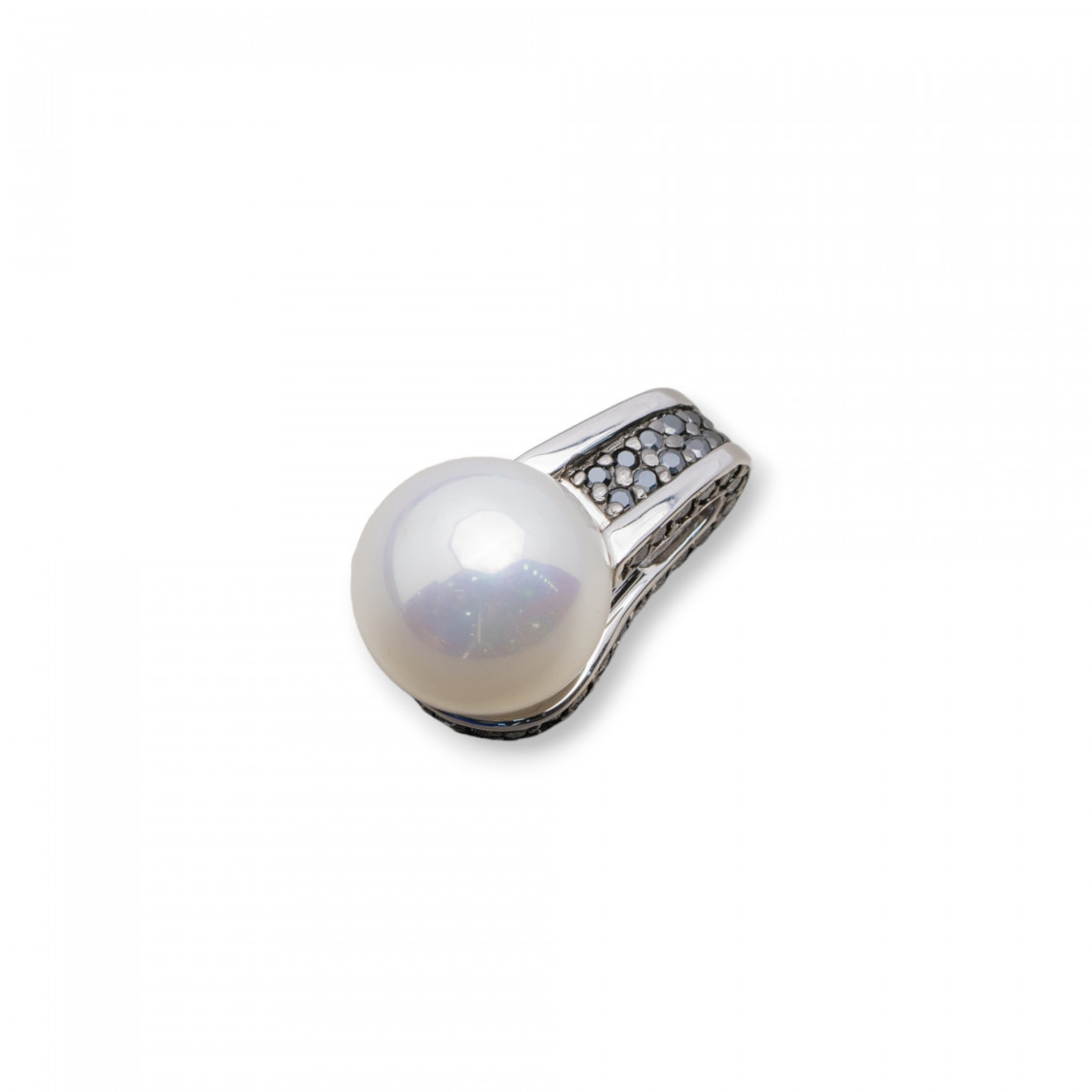 Ciondolo Pendente Di Argento 925 Con Zirconi Neri E Perle Di Maiorca Bianca 12x24mm-ARGENT 925 DESIGN ITALIE | Worldofjewel.com