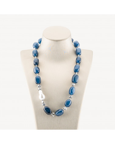 Collana Bijoux con Pietre Dure e Perle di Maiorca 50cm + 5cm con Ematite Argentata e Giada Blu-COLLANE DESIGN CON PIETRE NATURALI E PERLE | Worldofjewel.com