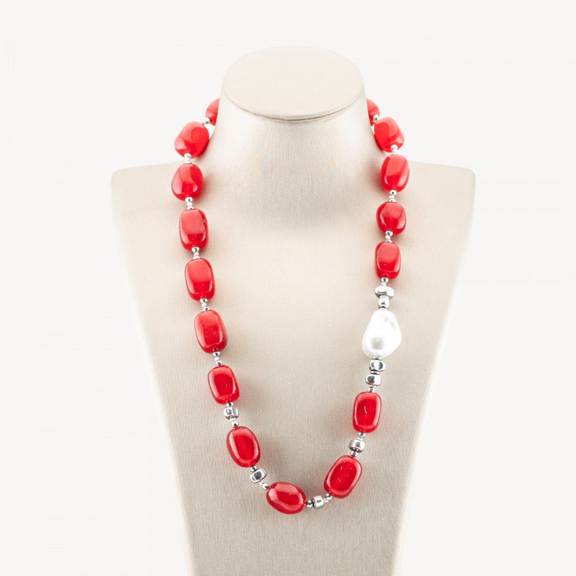 Jewellery Necklace with Semi-Precious Stones and Majorcan Pearls 50cm + 5cm with Silver Hematite and Red Jade-DESIGNER NECKLACES WITH NATURAL STONES AND PEARLS | Worldofjewel.com
