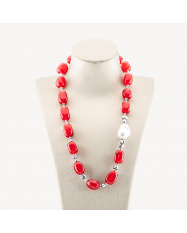 Collana Bijoux con Pietre Dure e Perle di Maiorca 50cm + 5cm con Ematite Argentata e Giada Rossa-COLLANE DESIGN CON PIETRE NATURALI E PERLE | Worldofjewel.com