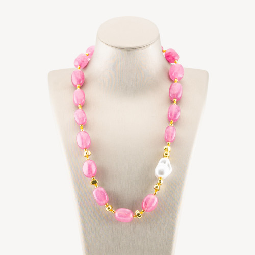 Collier de bijoux orné de pierres semi-précieuses et de perles de Majorque (50 cm + 5 cm), agrémenté d'hématite dorée et de jade