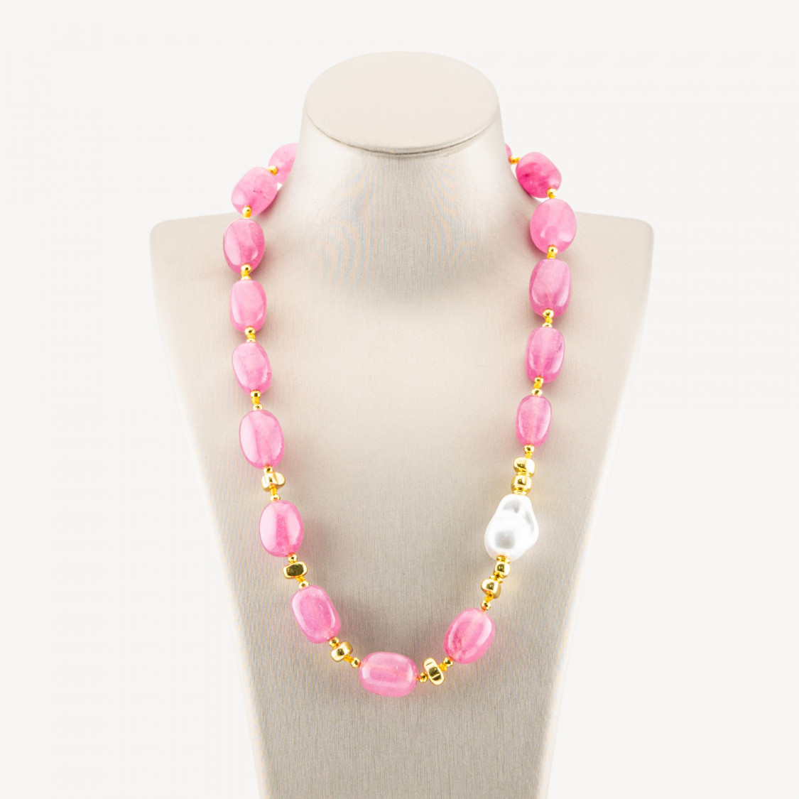 Collana Bijoux con Pietre Dure e Perle di Maiorca 50cm + 5cm con Ematite Dorata e Giada Rosa-COLLANE DESIGN CON PIETRE NATURALI E PERLE | Worldofjewel.com