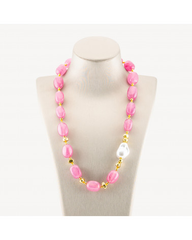 Collana Bijoux con Pietre Dure e Perle di Maiorca 50cm + 5cm con Ematite Dorata e Giada Rosa-COLLANE DESIGN CON PIETRE NATURALI E PERLE | Worldofjewel.com