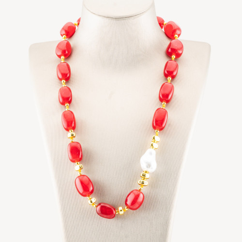 Jewellery Necklace with Semi-Precious Stones and Majorcan Pearls 50cm + 5cm with Golden Hematite and Red Jade