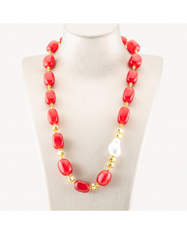 Collana Bijoux con Pietre Dure e Perle di Maiorca 50cm + 5cm con Ematite Dorata e Giada Rossa-COLLANE DESIGN CON PIETRE NATURALI E PERLE | Worldofjewel.com