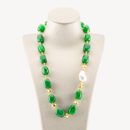 Collier de bijoux avec pierres semi-précieuses et perles de Majorque 50 cm + 5 cm avec hématite dorée et jade vert