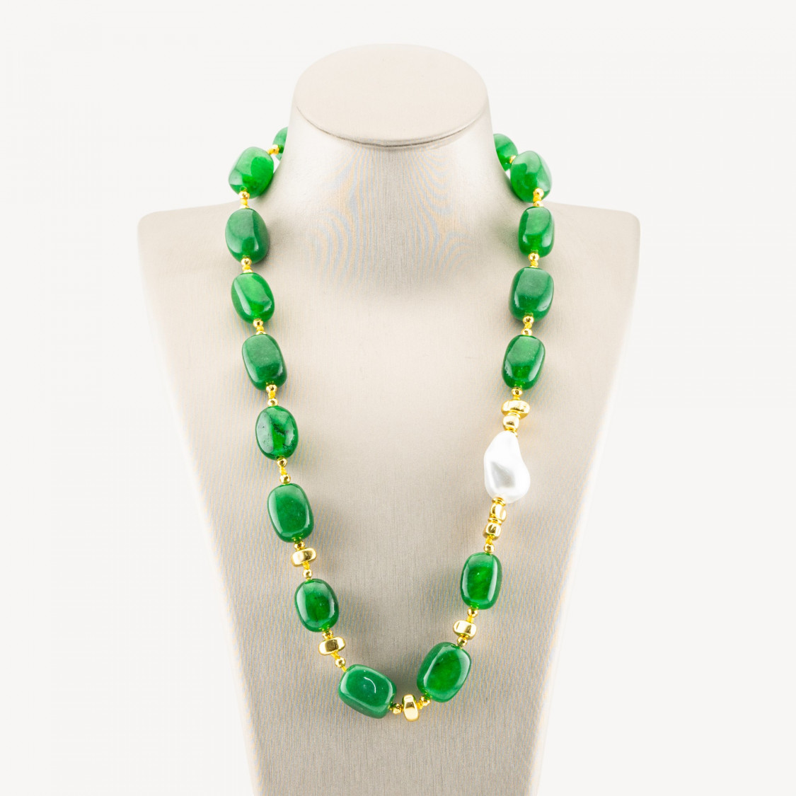 Collana Bijoux con Pietre Dure e Perle di Maiorca 50cm + 5cm con Ematite Dorata e Giada Verde-COLLANE DESIGN CON PIETRE NATURALI E PERLE | Worldofjewel.com