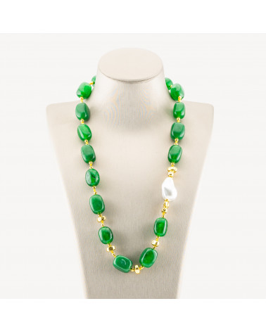 Collana Bijoux con Pietre Dure e Perle di Maiorca 50cm + 5cm con Ematite Dorata e Giada Verde-COLLANE DESIGN CON PIETRE NATURALI E PERLE | Worldofjewel.com