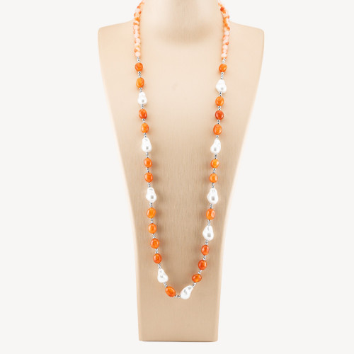Collar de Joyas con Piedras Semipreciosas y Perlas Barrocas de Mallorca 80cm+5cm con Hematites Plateados y Jade Naranja