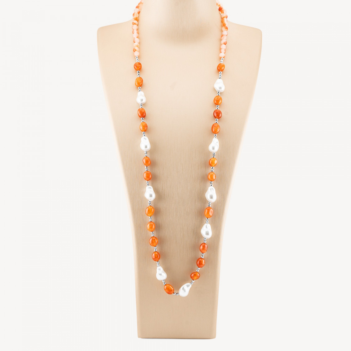 Collana Bijoux con Pietre Dure e Perle di Maiorca Barocche 80cm+5cm con Ematite Argentato e Giada Arancione-COLLANE DESIGN CON PIETRE NATURALI E PERLE | Worldofjewel.com