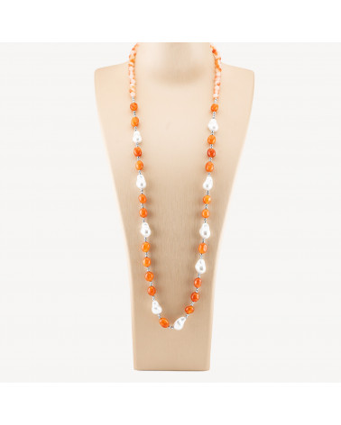 Collana Bijoux con Pietre Dure e Perle di Maiorca Barocche 80cm+5cm con Ematite Argentato e Giada Arancione-COLLANE DESIGN CON PIETRE NATURALI E PERLE | Worldofjewel.com